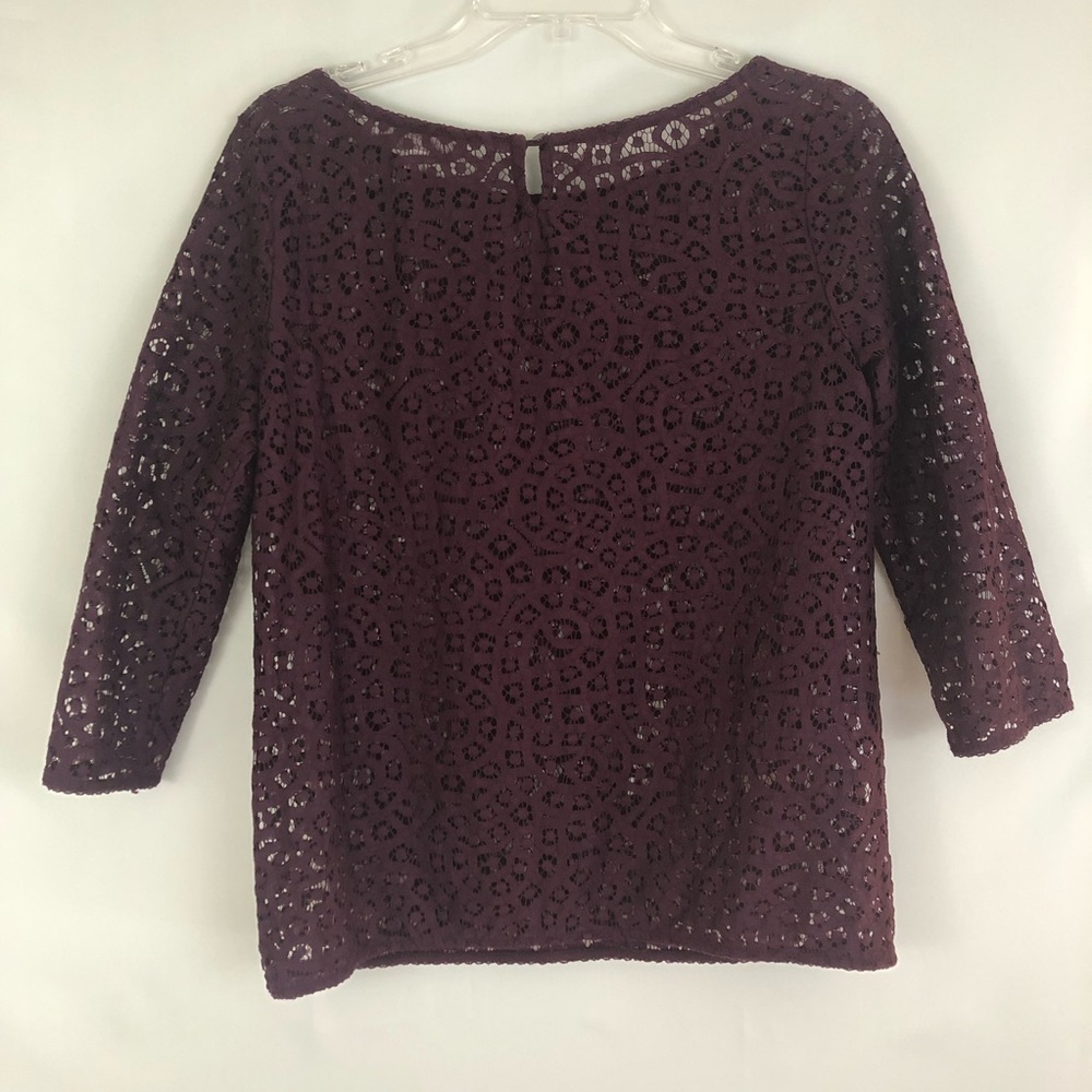 LOFT Maroon Lace Top 3/4 Sleeves Size Small - Picture 2 of 5